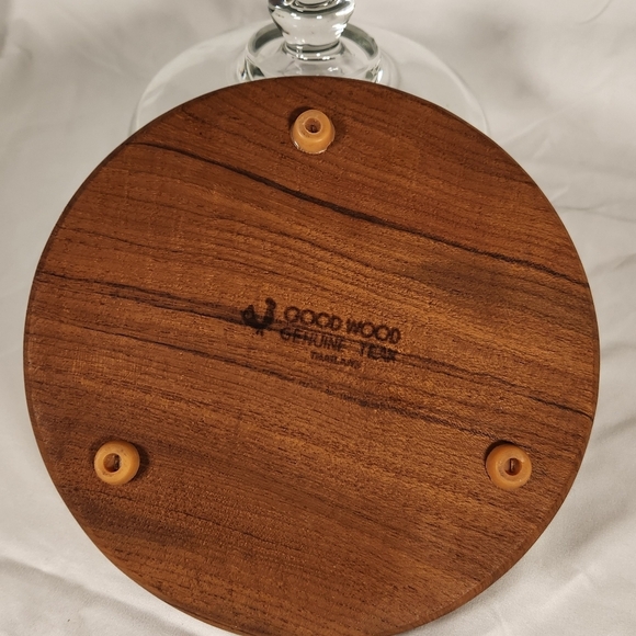 Vintage Good Wood Genuine Teakwood Cheese Tray w/ Heavy Glass Dome Cover Dish - Picture 4 of 8